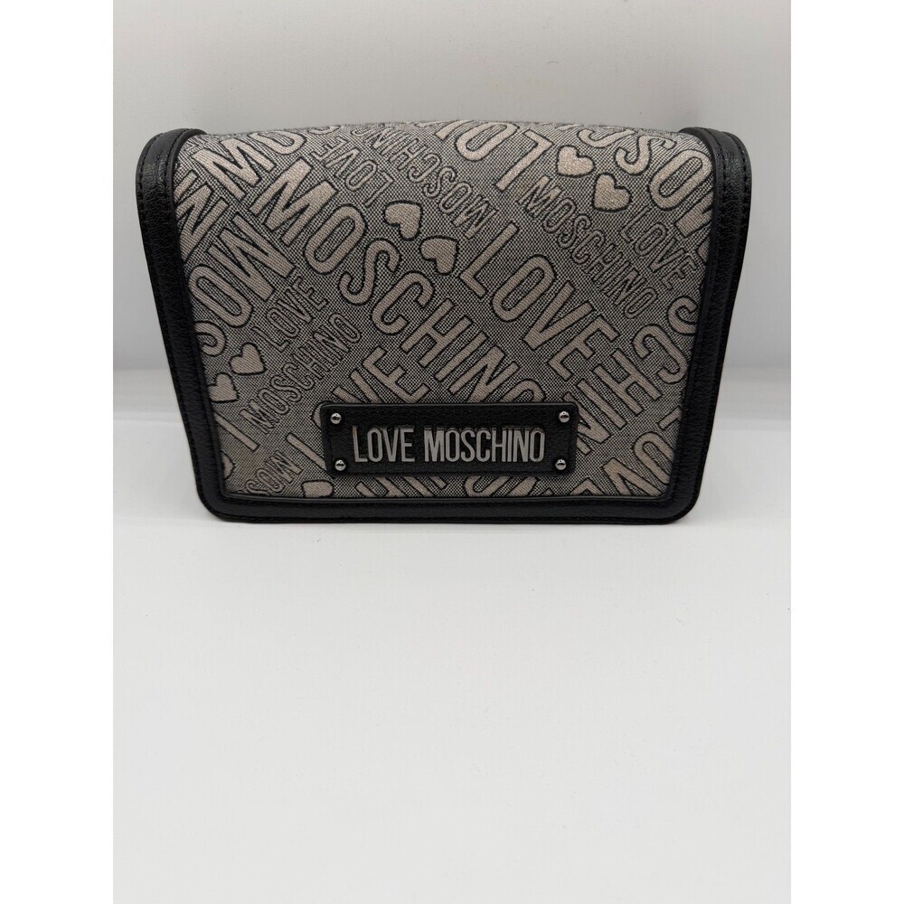 Love Moschino Logo Jacquard Crossbody Bag Beige Black Flap Shoulder Purse